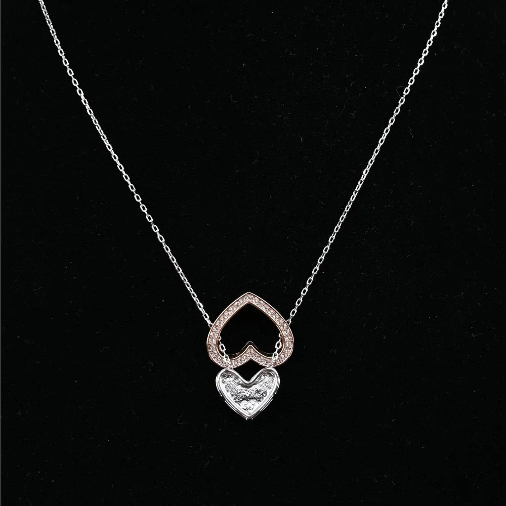 Signed Swarovski Crystal Double Heart Rose Gold Silver Mixed Metal Necklace